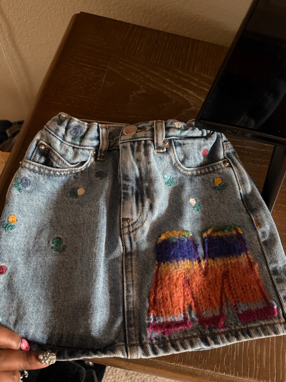Kids Marni Light Wash Denim Mini Skirt with Colorful Embroidery and Fuzzy Patch